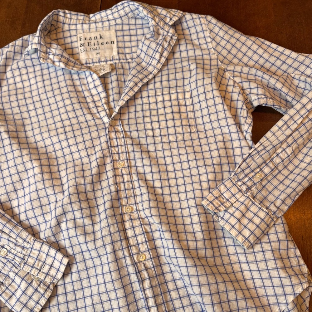 Frank & Eileen Button Down Women XS Blue Eileen Cottonā Linen Windowpane Shirt